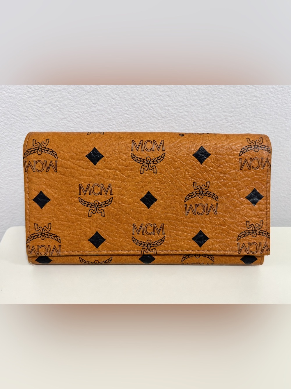 Vintage MCM Cognac Monogram Continental Wallet Brown Leather Gold Tone Unisex
